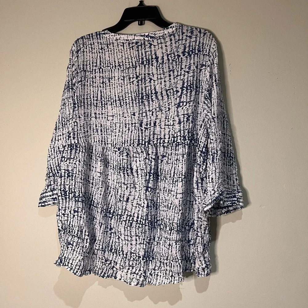 Jones New York 1X Blue White 3/4 Roll Tab Sleeve Button Down Henley babydoll Top